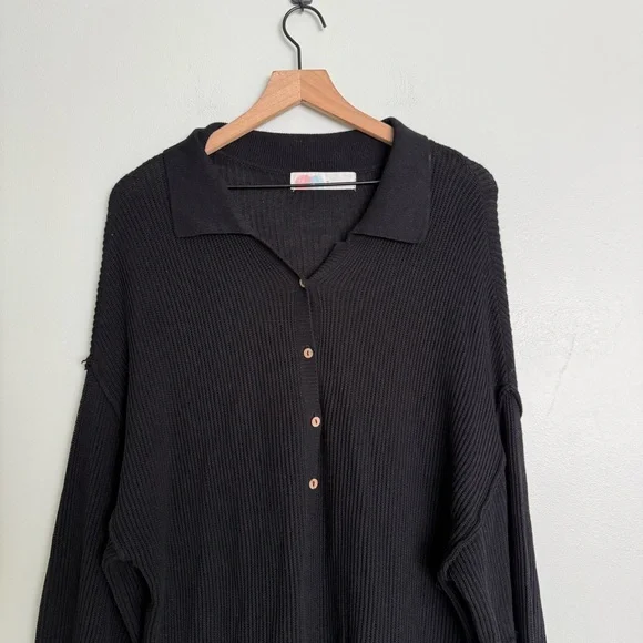 Free People Picnic Sweater Black Knit Ribbed Linen Cotton Blend Romper - Picture 5 of 9